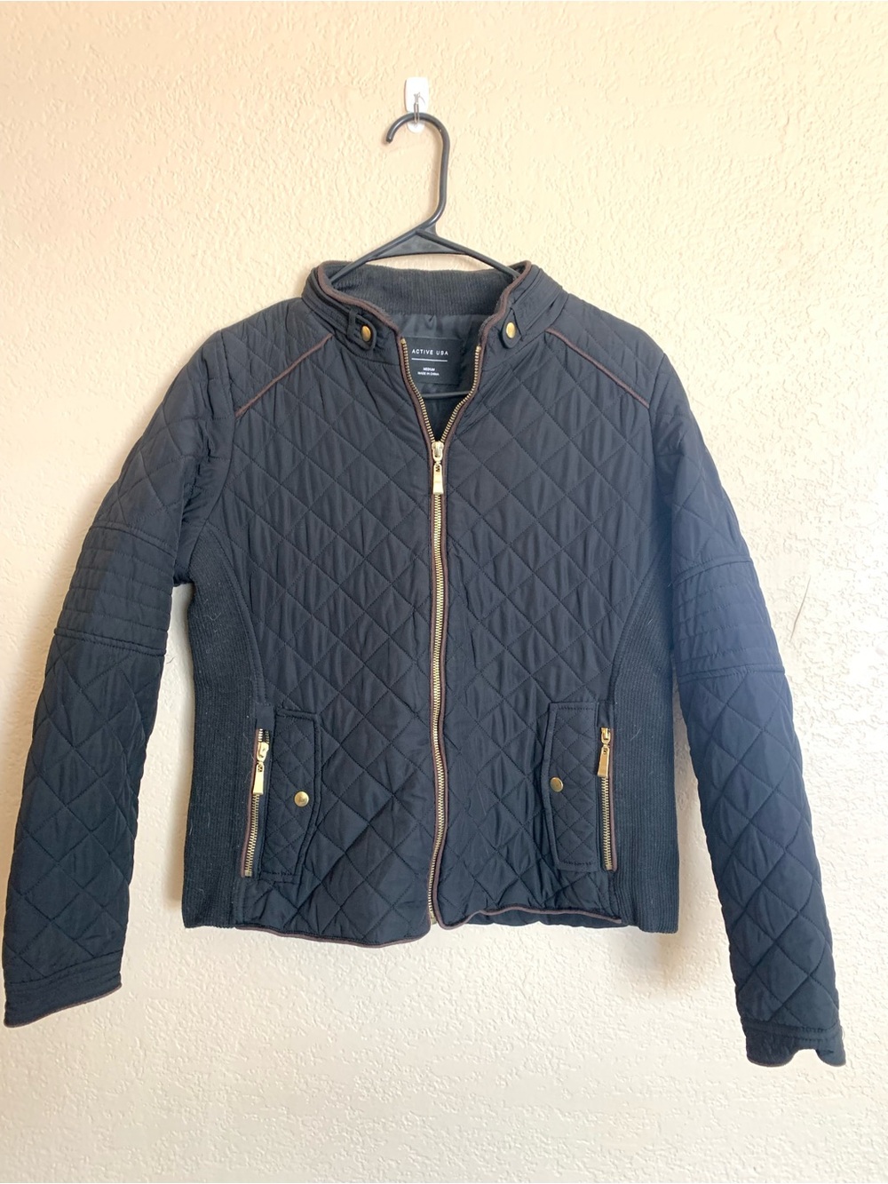 Active USA Black Quilted Jacket with Gold Accents